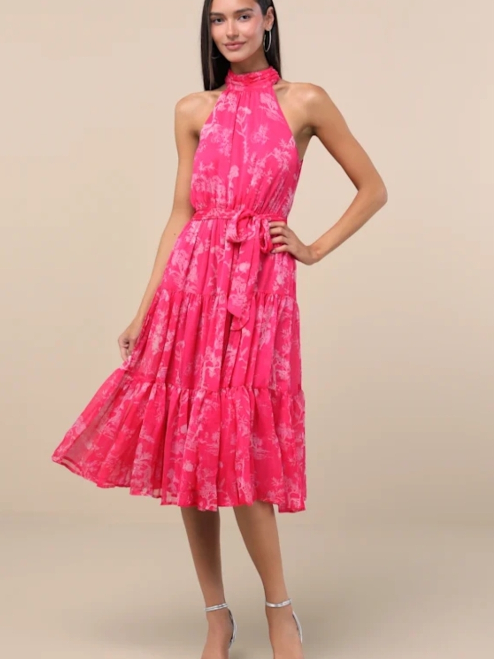 Lulu's Hot Pink Halter Tiered Midi Dress